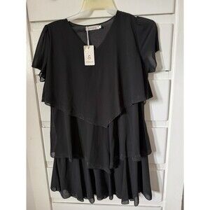 SHSHDHZX Women’s Black Chiffon Layered Studded Knee Dress XL V-Neck Short